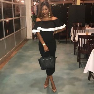 Boohoo Bea Tipping Detail Frill Bardot Midi Dress